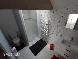 baño con aseo y lavabo con corazones rojos en la pared en GITE DE MONTRANCON, 