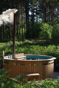a hot tub in a yard with two chairs around it at Cerību Liedags in Mērsrags