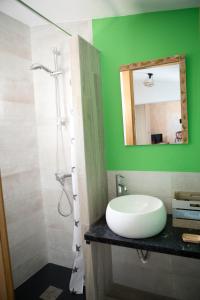 a bathroom with a sink and a shower with a mirror at Casa rural RIUIVIU in Biar