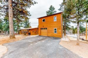 a cabin in the woods with a driveway at Little Doe Cabin in Woodland Park