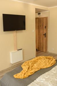 1 dormitorio con 1 cama y TV de pantalla plana en la pared en Apartament Studio Klasztorna en Dzierżoniów