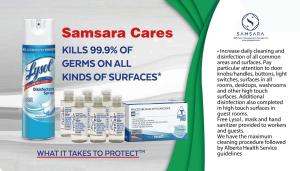 a flyer for samsara cares with a picture of a bottle of sunscreen at Nomad by Samsara Resort - Panorama Top View - 4BR & 5BTH in Canmore