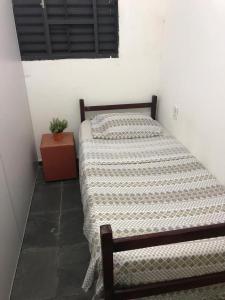 a bedroom with a bed and a table with a plant at Pousada Fran in Sao Paulo
