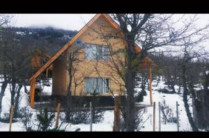 ein kleines Haus im Schnee neben einem Baum in der Unterkunft CABAÑA LA PAZ in Moquehue