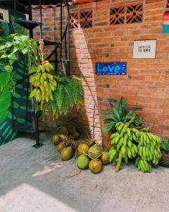 a bunch of bananas on the ground next to a brick wall at La Redonda Sayulita Hostal in Sayulita