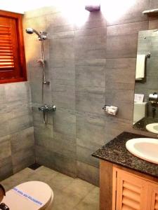 een badkamer met een douche, een toilet en een wastafel bij Grace Holiday Bungalow in Haputale