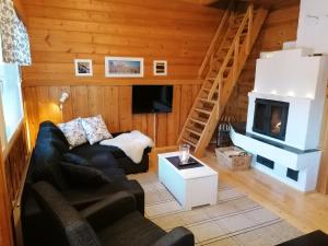 Hippu Apartment في روكا: غرفة معيشة مع أريكة ومدفأة