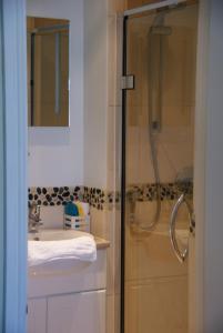 un baño con ducha y lavabo en Blue Sky Bed and Breakfast, en St Ives