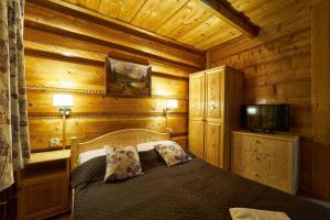 a bedroom with a bed and a television in a cabin at Noclegi u Hanki in Bukowina Tatrzańska