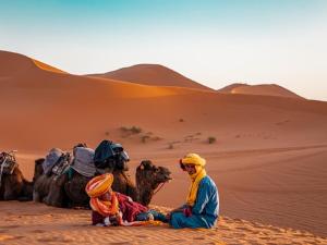 Un gruppo di persone e il loro cammello nel deserto di M'hamid Desert Camp Tours a M'Hamid