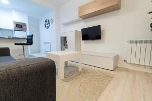 uma sala de estar com um sofá e uma televisão na parede em "El Rincon Apartament " em Pamplona