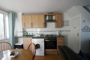 a small kitchen with a stove and a dishwasher at Freshwater Bay Holiday Cottages in Pembroke