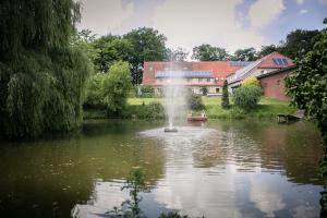 Schöppingen的住宿－Gutshof Schulze-Althoff，一座建筑物前池塘里的喷泉