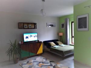 Uma TV ou centro de entretenimento em Sarmacka Green Apartment free parking