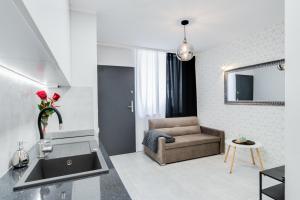 una cucina e un soggiorno con divano e lavandino di Crystal Apartment Katowice IV a Katowice
