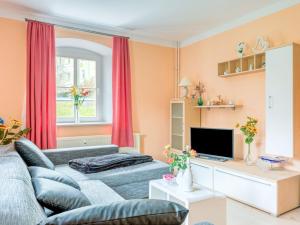 ein Wohnzimmer mit einem blauen Sofa und roten Vorhängen in der Unterkunft Apartment in Rauschenbach Saxony near Forest in Neuhausen