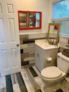 a bathroom with a toilet and a sink and a mirror at Tampa Lakehouse in Tampa