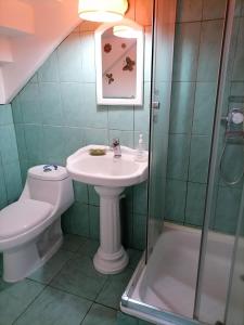 a bathroom with a sink and a toilet and a shower at Casa Capilla in Valparaíso