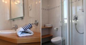 two pictures of a bathroom with a shower and a sink at Millenniumshof in Caldaro +44 photos