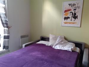 ein Bett mit einer lila Bettdecke in einem Schlafzimmer in der Unterkunft Pied à terre au bord de mer in Sète