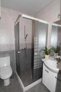 La salle de bains est pourvue d'une douche, de toilettes et d'un lavabo. dans l'établissement Bendida Apartments, à Velingrad