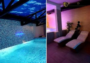 two pictures of a swimming pool with chairs and lights at Forest Dreams in Zlatibor