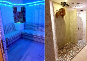 two pictures of a room with a bench in a shower at Forest Dreams in Zlatibor +8 photos