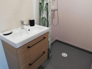 Un baño con lavabo blanco y ducha. en Studios les 3 Eclats, en Saint-Laurent-sur-Sèvre