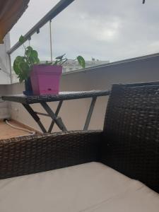 Alexander The Great Hotel في الإسكندرية: يوجد خزاف نباتي على طاولة في الشرفة