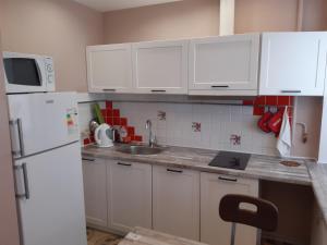 ペトロザヴォーツクにあるApartments na Leninaのキッチン(白いキャビネット、白い冷蔵庫付)