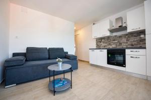 ein Wohnzimmer mit einem blauen Sofa und einem Tisch in der Unterkunft Feel Dugi otok apartments in Luka