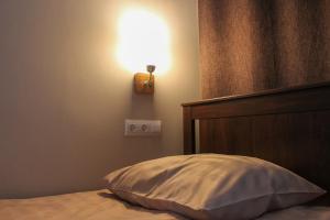 a bed with a pillow and a light on the wall at Rosemary Inn in Saransk