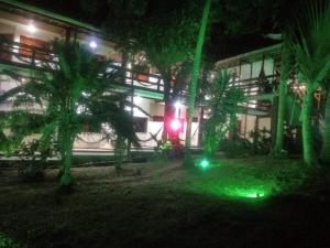 a building with green lights in front of it at night at Pousada Portal do Sol in Itacaré