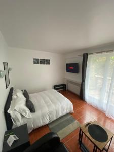 a bedroom with a bed and a tv on the wall at Appartement 2 pièces neuf et indépendant in Jouy-en-Josas