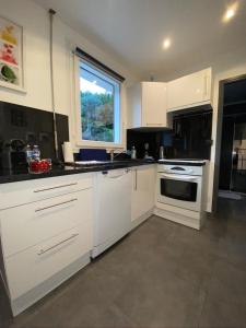 una cucina con armadietti bianchi e una finestra di Appartement 2 pièces neuf et indépendant a Jouy-en-Josas