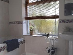 ein Badezimmer mit einem Waschbecken, einem Fenster und einer Badewanne in der Unterkunft Wickham House Apartment in Fremington