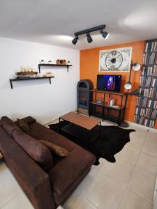 sala de estar con sofá marrón y TV en Hebergeneve La belle vie, en Gex