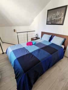 Un dormitorio con una cama azul con un objeto rosa. en Hebergeneve La belle vie, en Gex