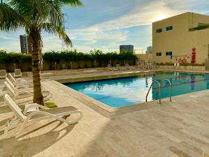 une piscine avec des chaises longues et un palmier dans l'établissement Apartamentos Oceana - Cerca al Buenavista by SOHO, à Barranquilla