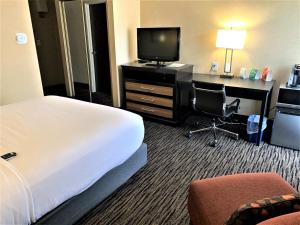 ein Hotelzimmer mit einem Bett und einem Schreibtisch mit einem TV in der Unterkunft Holiday Inn Dublin - Pleasanton, an IHG Hotel in Dublin