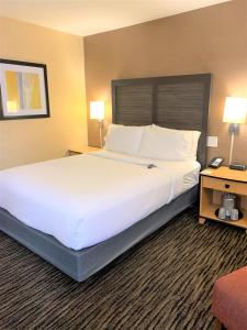 uma grande cama branca num quarto de hotel em Holiday Inn Dublin - Pleasanton, an IHG Hotel em Dublin