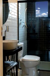 La salle de bains est pourvue de toilettes, d'un lavabo et d'une douche. dans l'établissement Castro's Hotel, à Telêmaco Borba