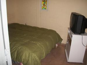 um quarto com uma cama e uma televisão numa cómoda em Cabaña Las Candelas em Potrerillos