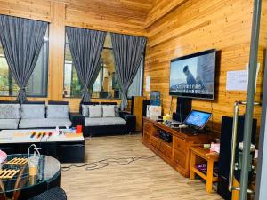 Yanyu Xihu Villa في Xihu: غرفة معيشة مع كنب وتلفزيون بشاشة مسطحة