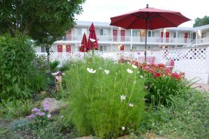 een tuin met een paraplu en bloemen voor een gebouw bij Red Wing Motel in Manitou Springs