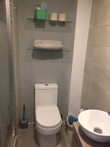 a bathroom with a white toilet and a sink at Blue Dreams Apartament Del Valle in Mexico City