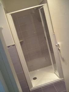 y baño con ducha y puerta de cristal. en Alla Fontana Termale en Carano