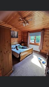 阿尼克的住宿－Rock Lodge，一间卧室配有一张床和吊扇