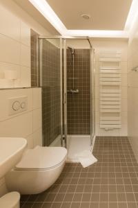 La salle de bains est pourvue d'une douche, de toilettes et d'un lavabo. dans l'établissement Apartmány Sára, à Svoboda nad Úpou