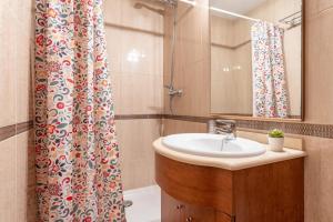 a bathroom with a sink and a shower curtain at Apartamentsaloriaburg in Farrera
